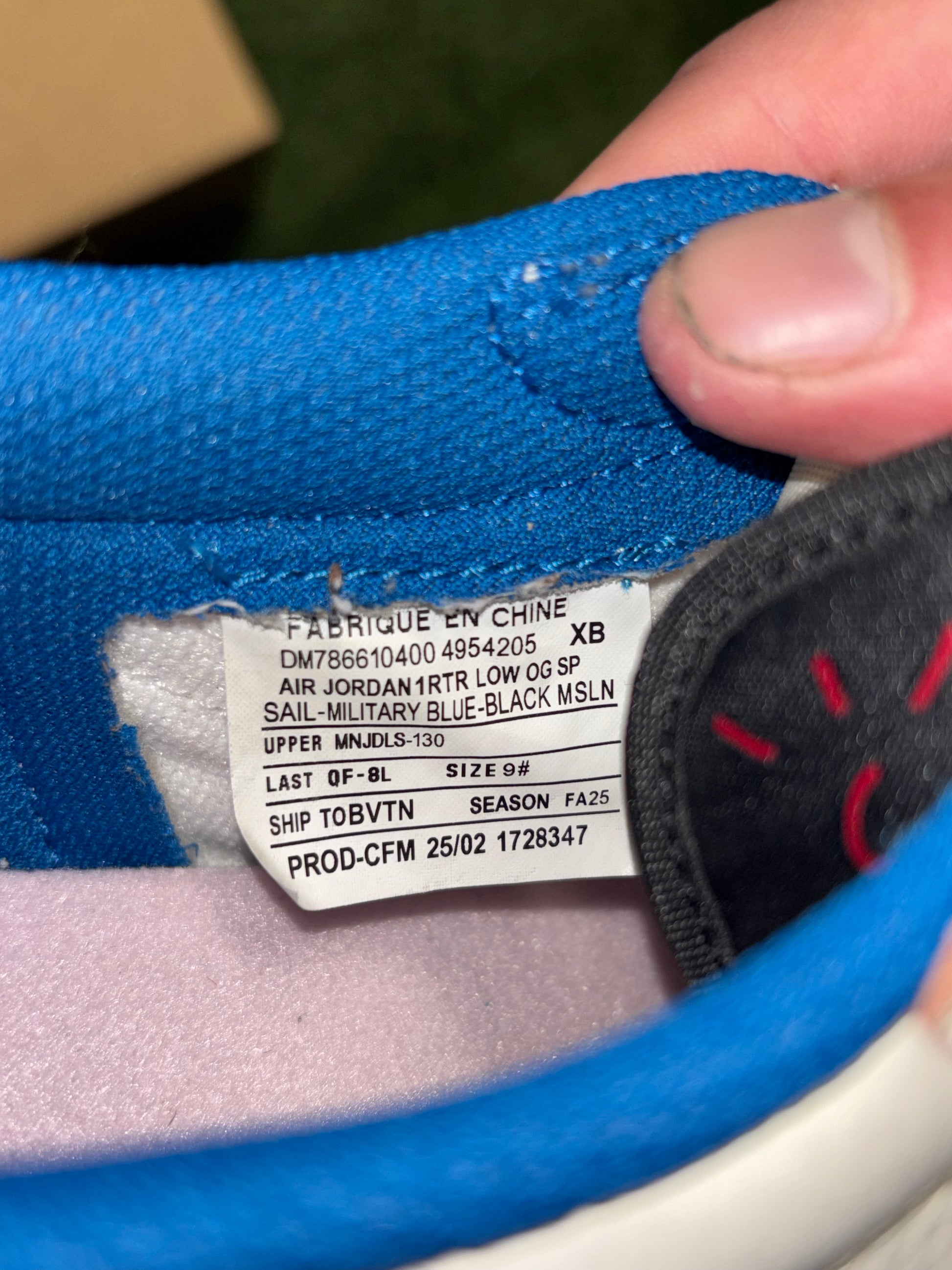 Jordan 1 Retro Low OG SP Fragment x Travis Scott Sail Military Blue (Sample)